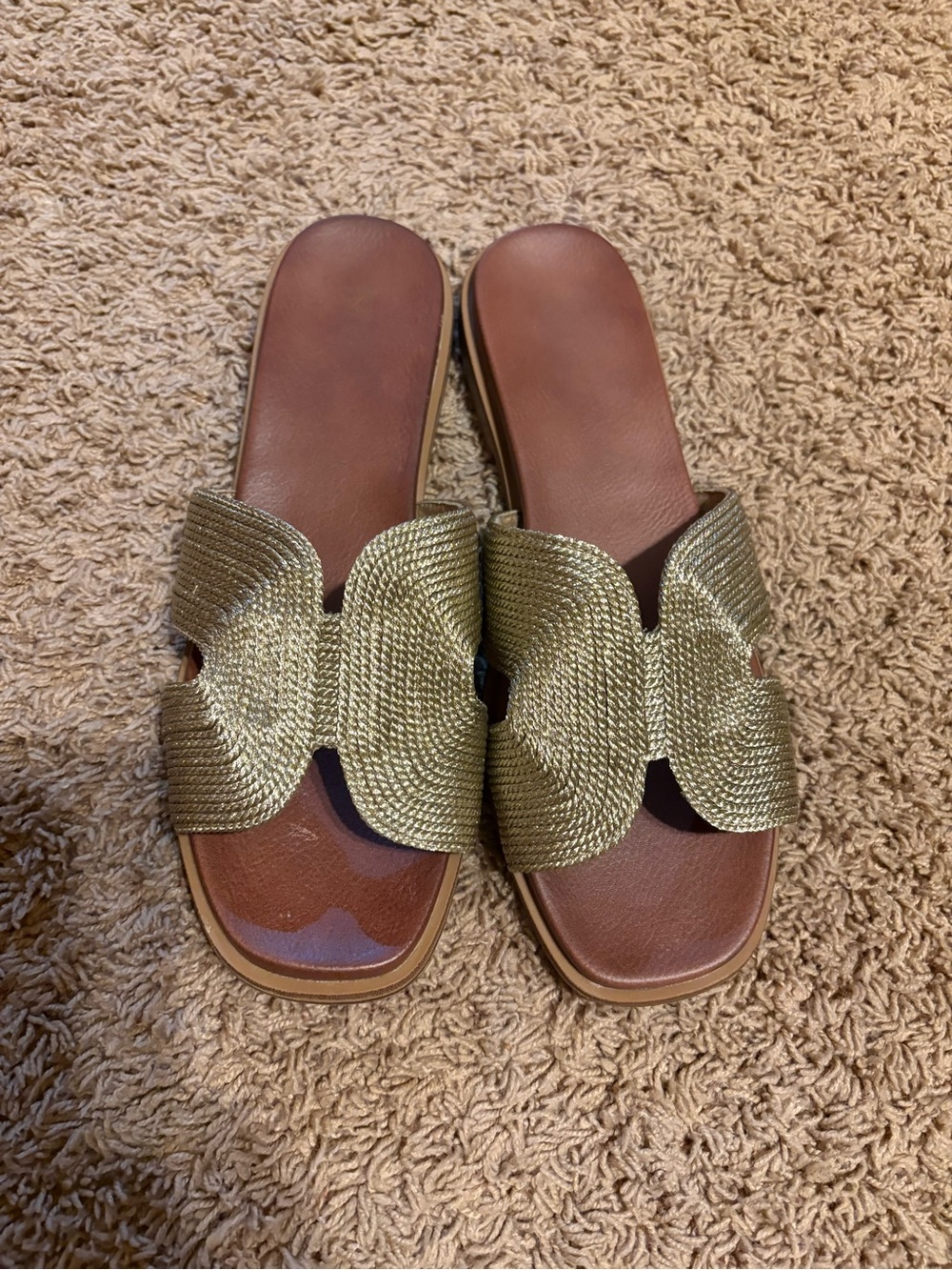 Woven Metallic Slide Sandals - Gold